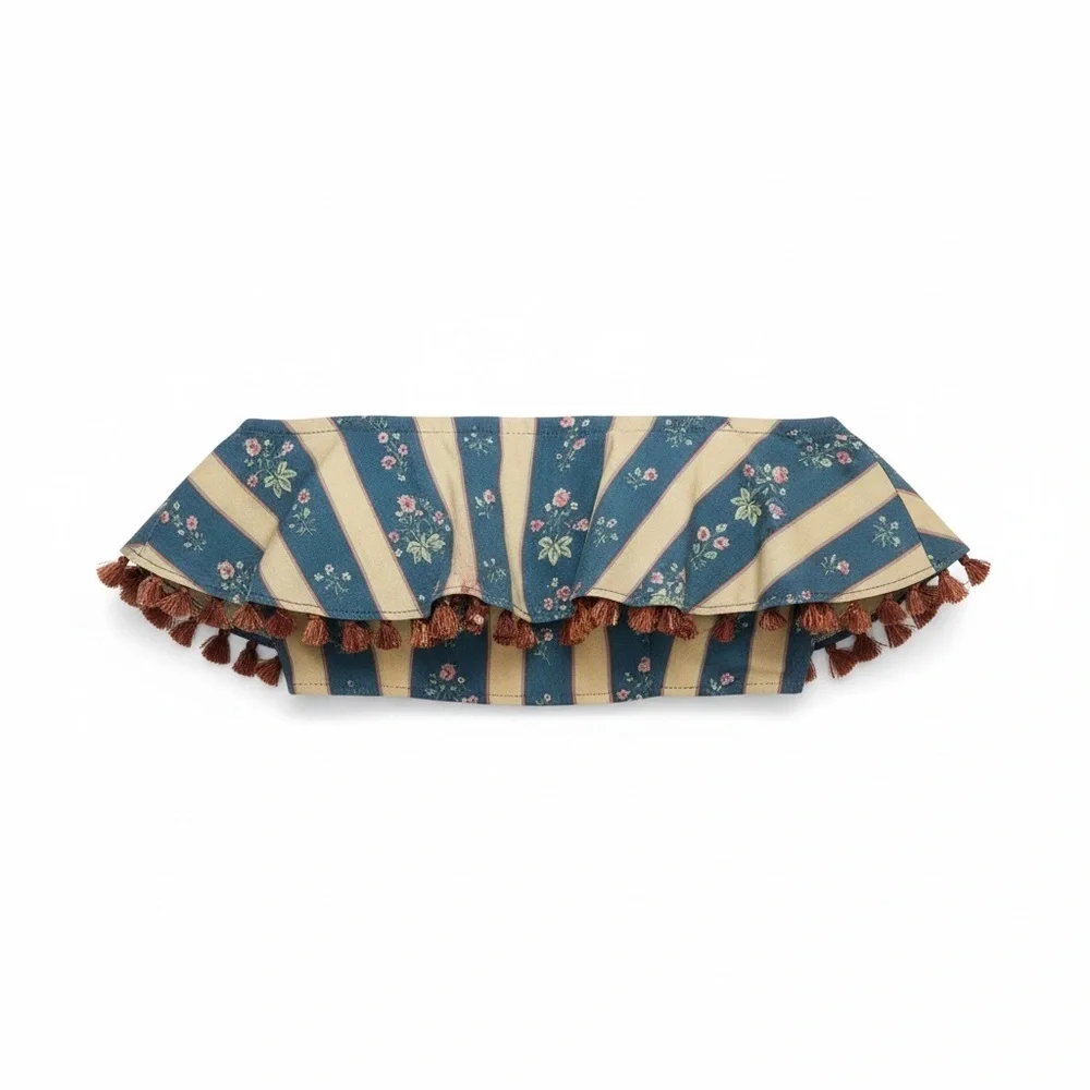 NWT WeWoreWhat Ruffle Beaded Floral Stripe Deep Storm Bandeau Size 12 Denim $89 - Picture 2 of 15